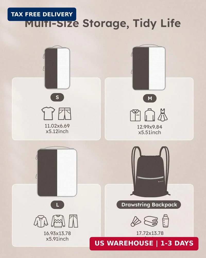 4 Set Compression Packing Cubes for Travel, Bonus Versatile Drawstring Backpack,