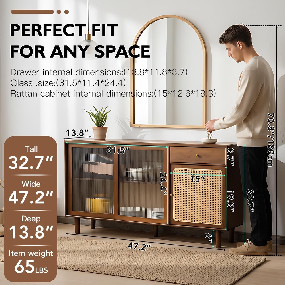 Bamboo Sideboard Buffet Cabinet, Rattan Kitchen Storage Cabinet with Drawer, ...