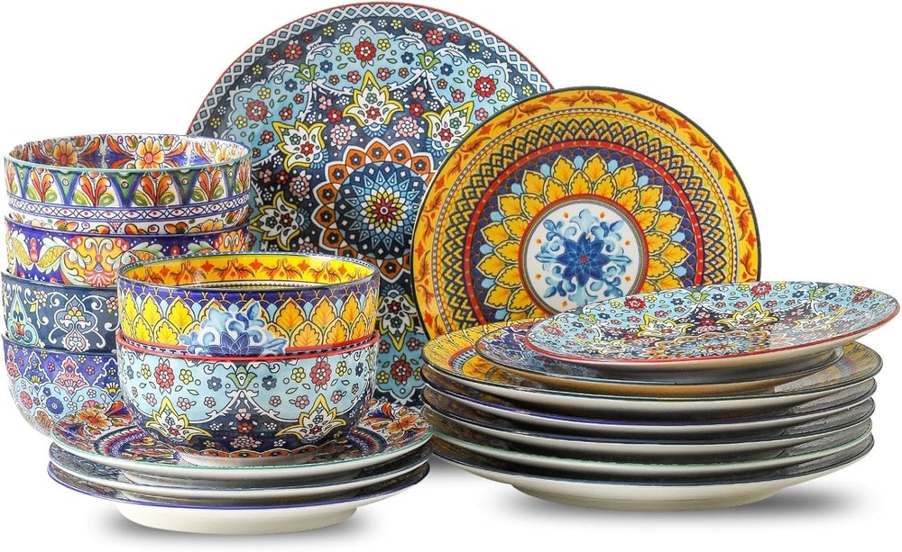 glowworm Dinnerware Sets for 6, 18 Pieces Plates and Bowls Set, Ceramic Dishes S