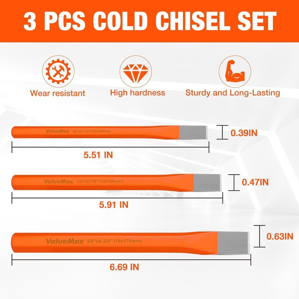Professional Quality 3-Piece Cold Chisel Set - Heavy Duty for Woodwork & Masonry