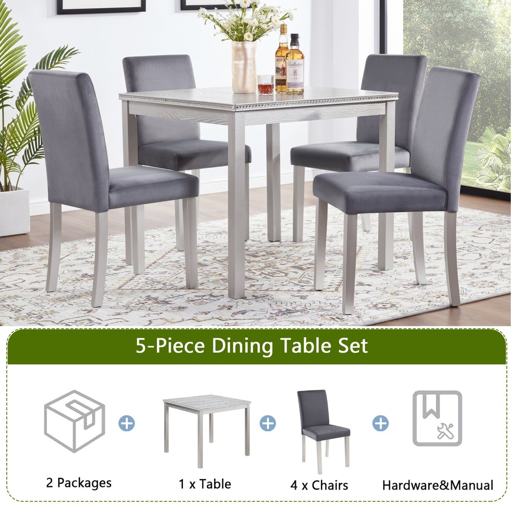 5 Piece Dining Table Set Wooden Square Dining Table & 4 Chairs for Dining Room