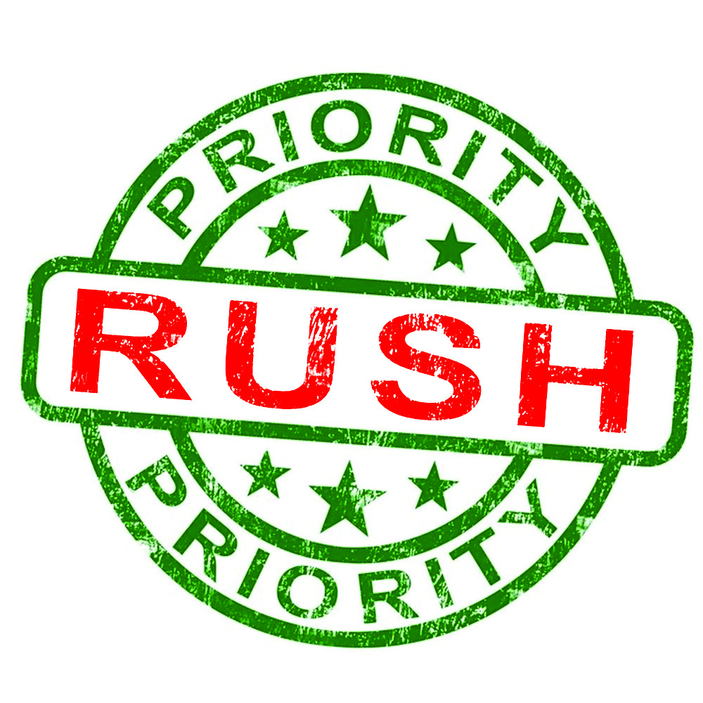 Rush fee and USPS Priority Mail shipping included