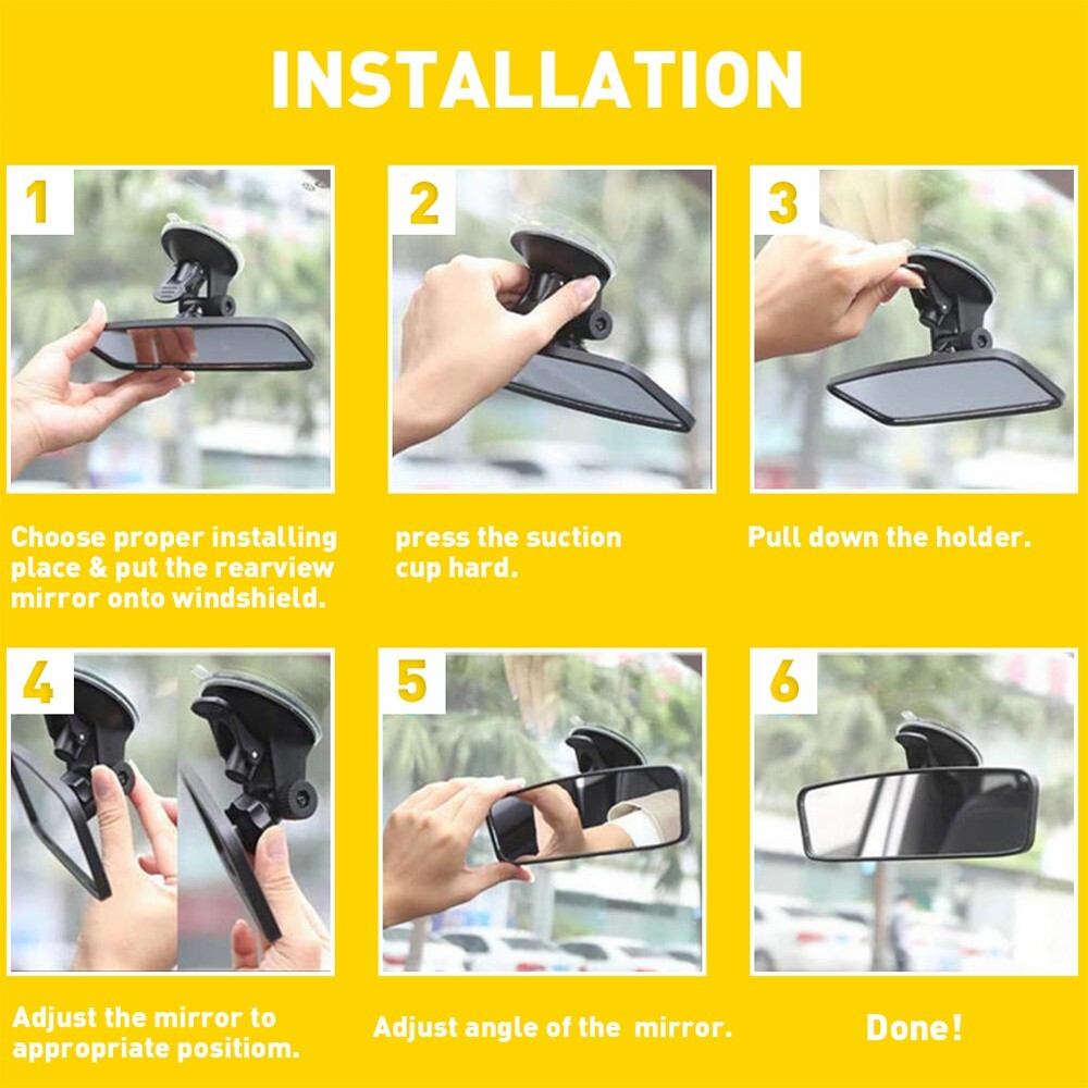 Car Interior Rear View Mirror Wide Flat Suction Cup Universal Angle Adjustable