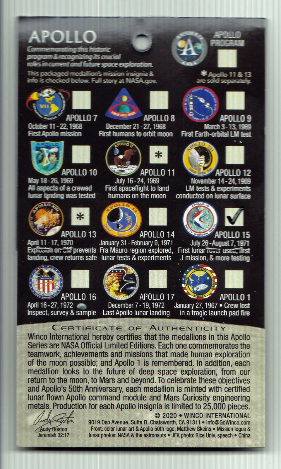 APOLLO-15 - 50th Anniversary - LUNAR FLOWN METAL - NASA MEDALLION - COA - MINT