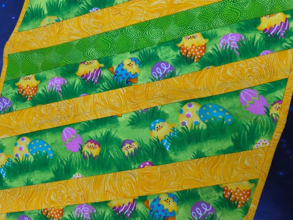 Quilted Table Runner Easter Chicks Flowers eggs Strip green yellow chickens