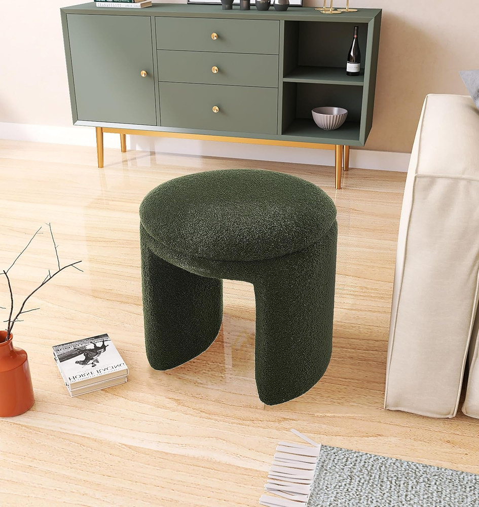 Modern Olive Green Teddy Fabric Ottoman - 18" Square Stool