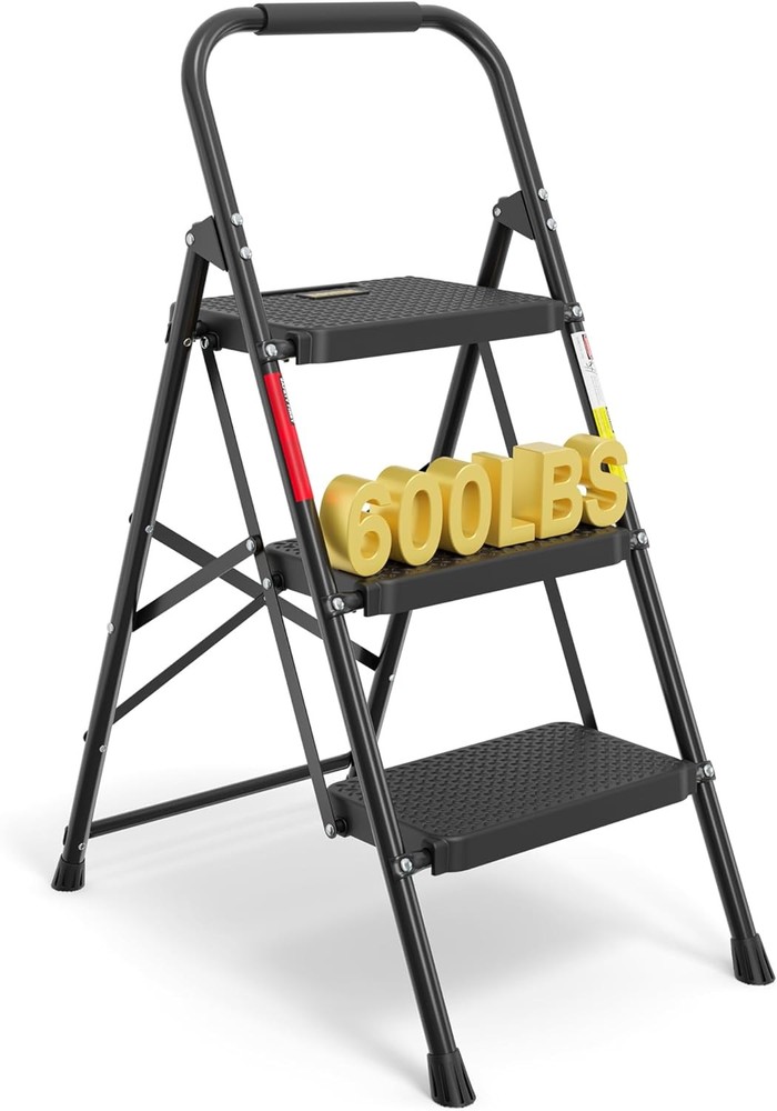 3-Step Ladder, Folding Step Stool, Max Load acity, Sturdy Steel,