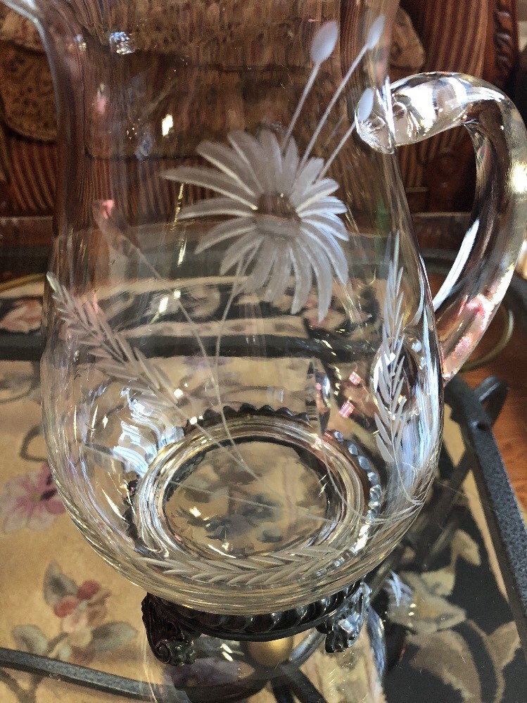 Antique Etched Glass Wheat Quadruple silver Base Pitcher