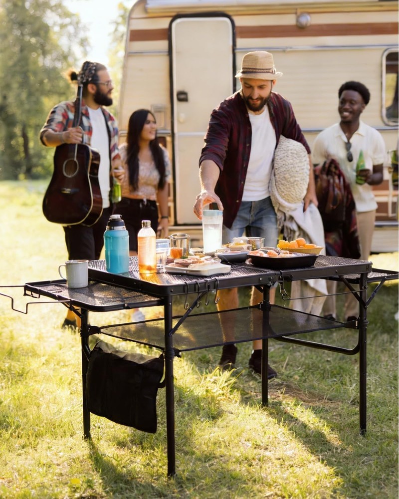 3ft Folding Camping Table W/Wing Panels Adjustable Height Metal Grill Prep Table