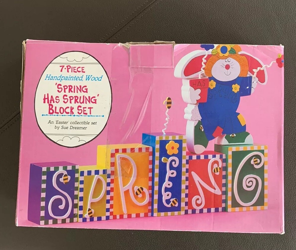 Vintage 7 Pc. Easter Blocks Sue Dreamer Spring Has Sprung Decor Hand Painted