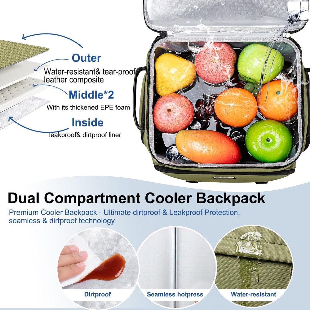 Weitars Insulated Cooler Backpack,Double Deck Waterproof Soft Large, Green