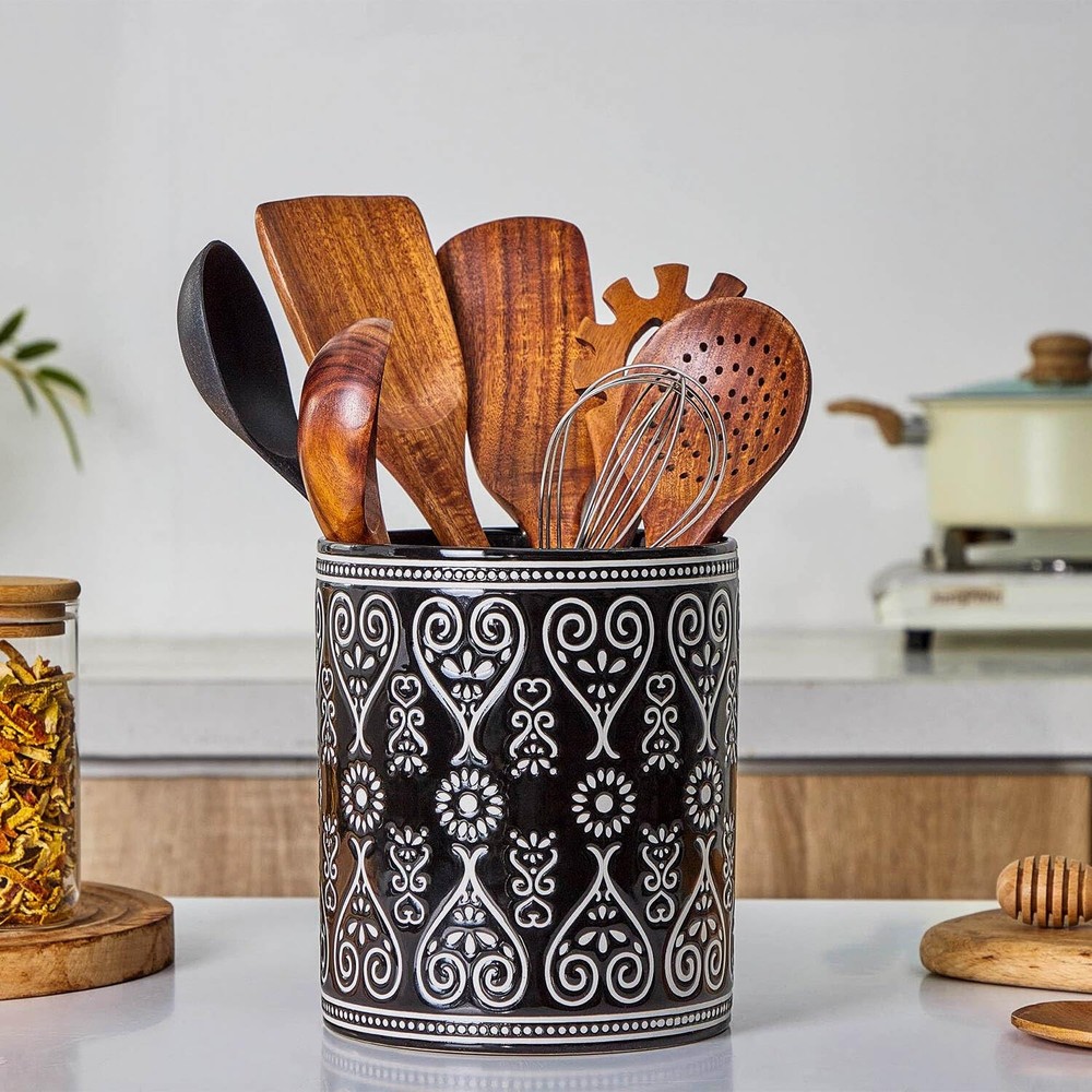 Black Heavy Ceramic Utensil Holder, 7" Extra Large Kitchen Utensil Holder for...