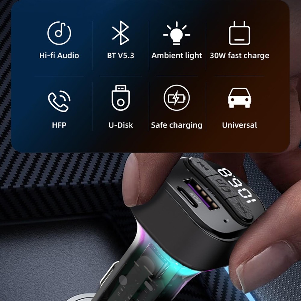 Bluetooth 5.3 FM Transmitter for Car, Car Adapter with Type-C Black
