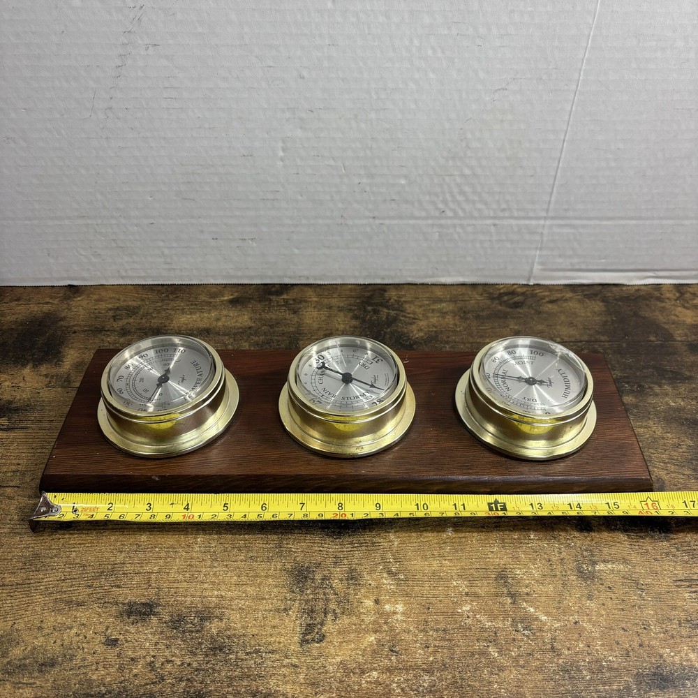 Vintage Taylor Thermometer Hygrometer Weather Station Combo On Solid Oak Panel