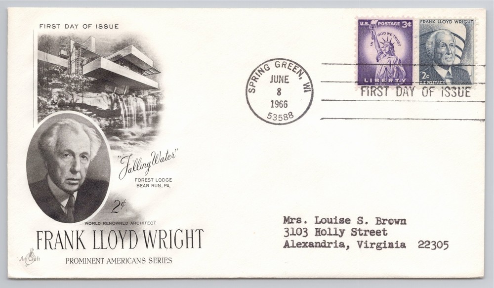 First Day Cover Scott's #1280 Frank Lloyd Wright 1966 Spring Green WI