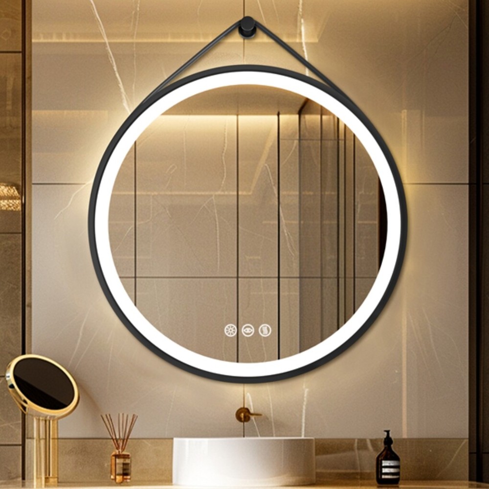 60/70/80cm Round LED Bathroom Mirror Frontlit Vanity Mirror with Leather Strap