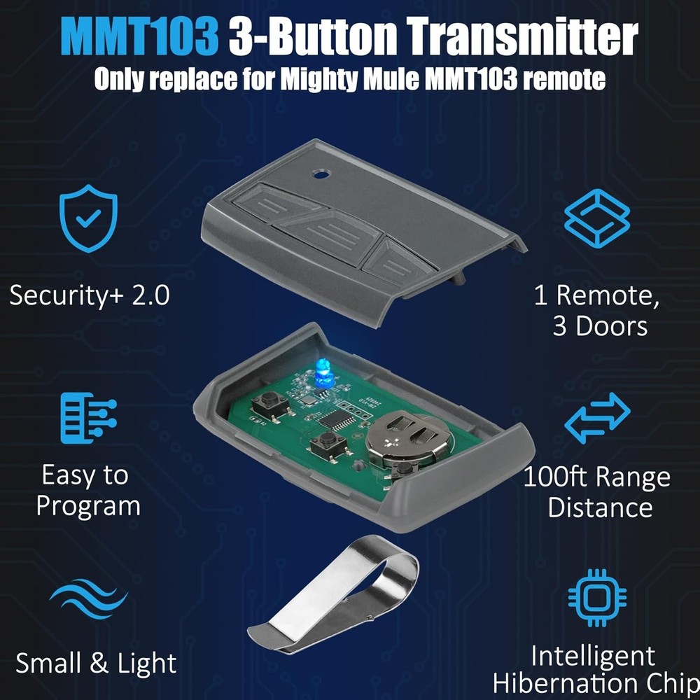 MMT103 Remote Replace for Mighty Mule Gate Opener Remote, 3-Button Transmitter C