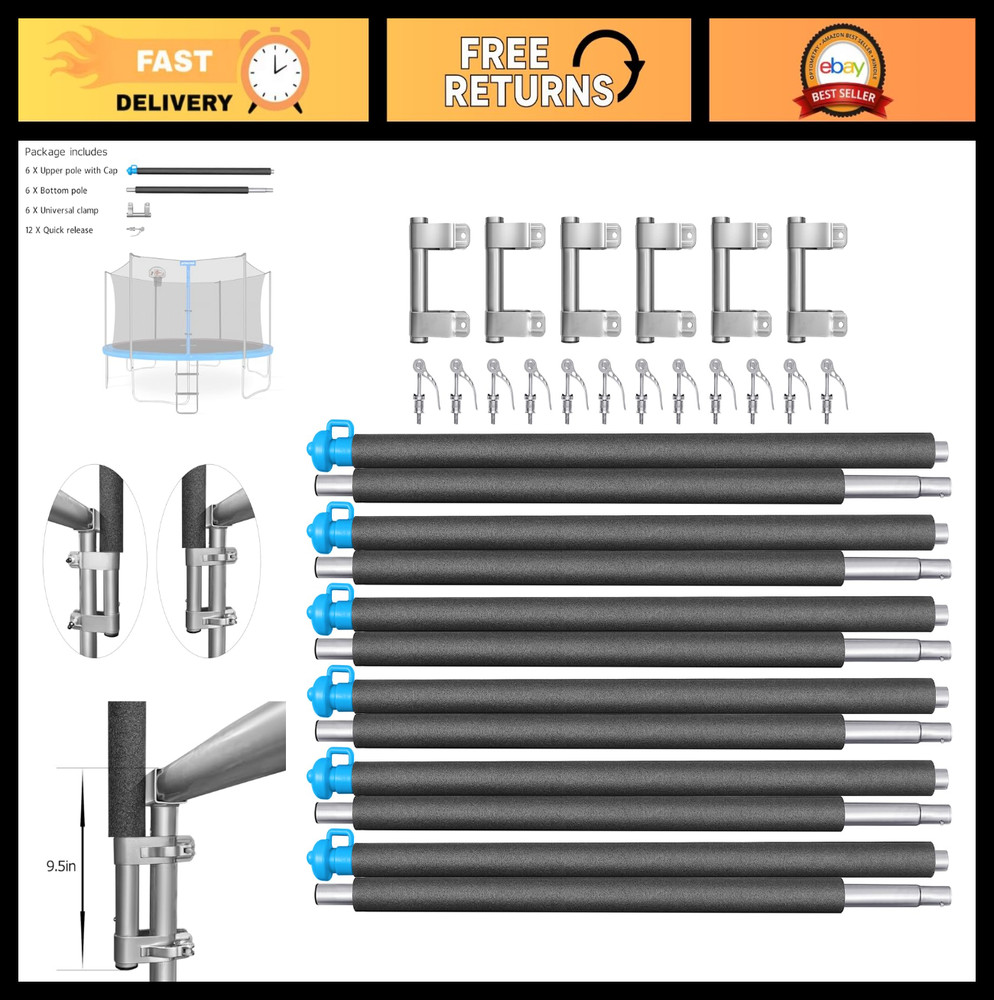 Universal Trampoline Replacement Enclosure Poles with Clamp and Hardware Fits 6