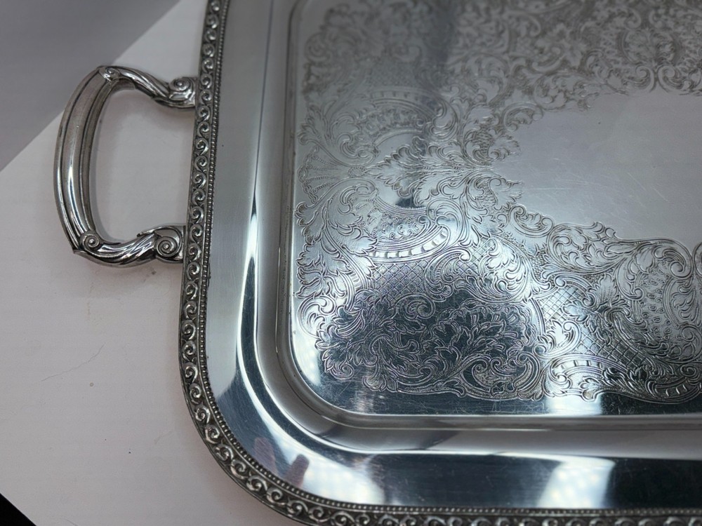 Oneida Rectangular Silver Plate serving Tray W/ Handles Lakewood Tudor Plate