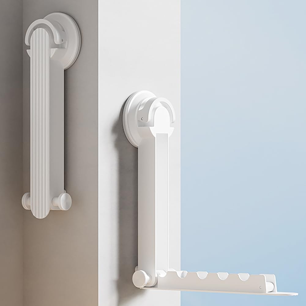 White Foldaway Clothes Wall Mounted Drying Rack with Suction Cup Retractable