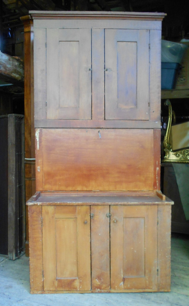 ANTIQUE PAINTED COUNTRY PINE STEPBACK DROP FRONT DESK AND BOOKCASE