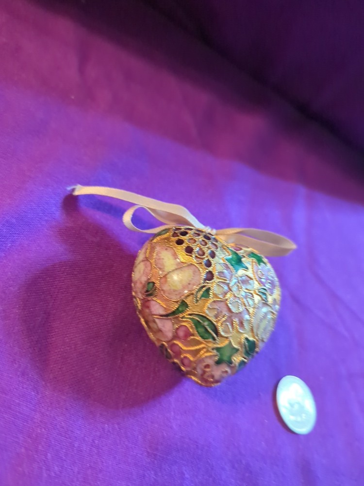 Cloisonne Enamil Heart Ornament, Fruit Pattern, With Pink Bow