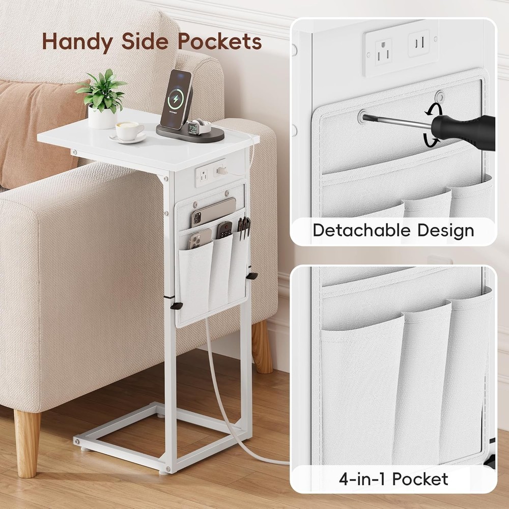 End Table W/ Charging Station Adjustable Height Side Table Couch Small C Shaped