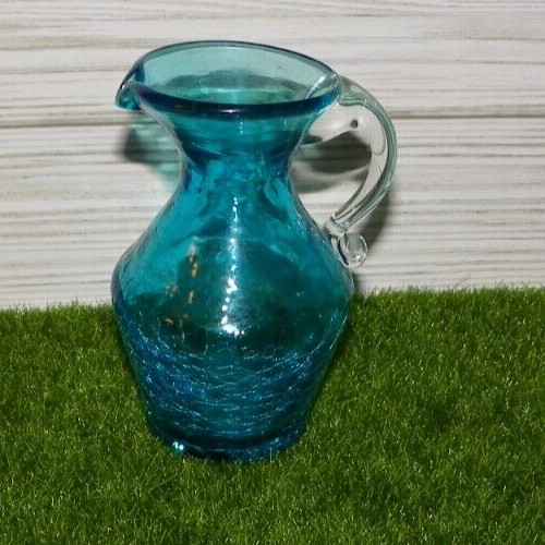 Old~ 4-3/8" Blue Hand Blown Crackle Glass Pitcher & Clear Handle ~ Unknown Maker