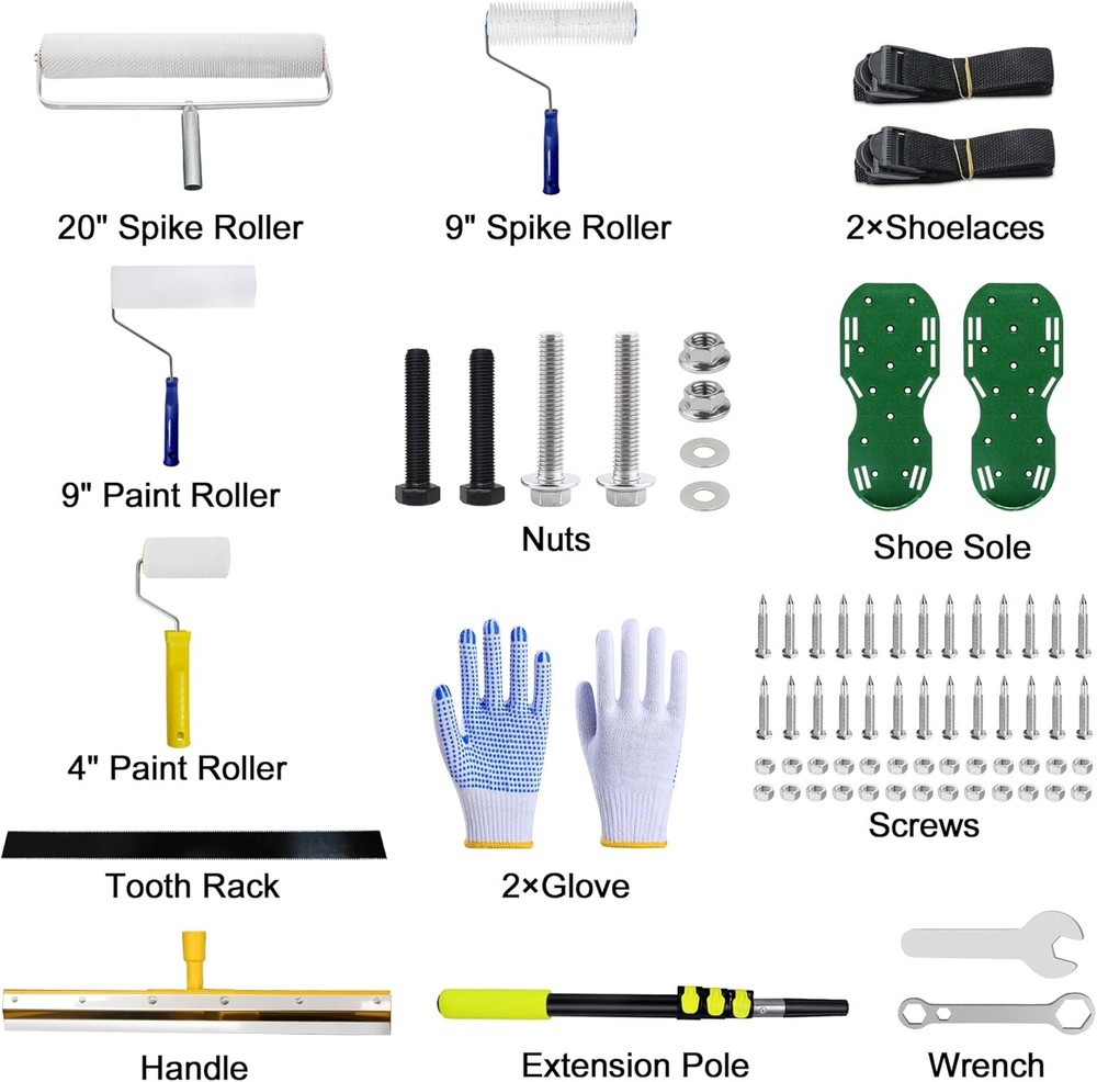 Self-Leveling Floor Tool Kit with Spiked Roller, Paint Roller, Epoxy Shoes