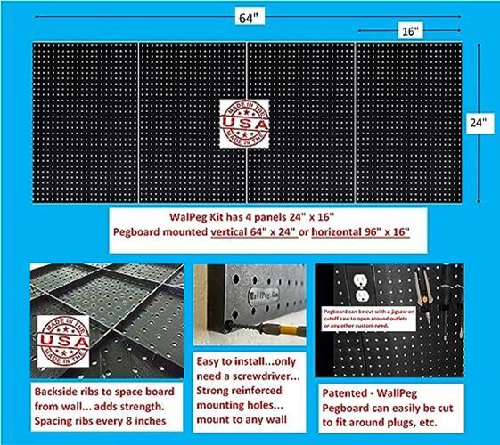 Black Plastic Pegboard Panels – 96” Wide Garage Tool Pegboard Wall Mount