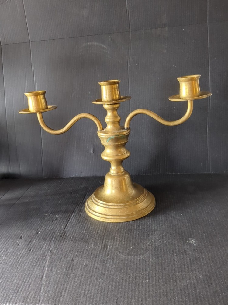 VINTAGE HEAVY SOLID BRASS 3 CANDLE CANDELABRA   #