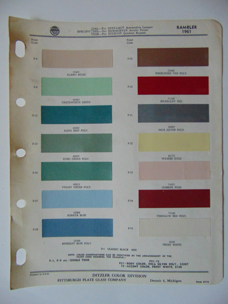 Original 1961 Ditzler Rambler Paint Chips Sheet
