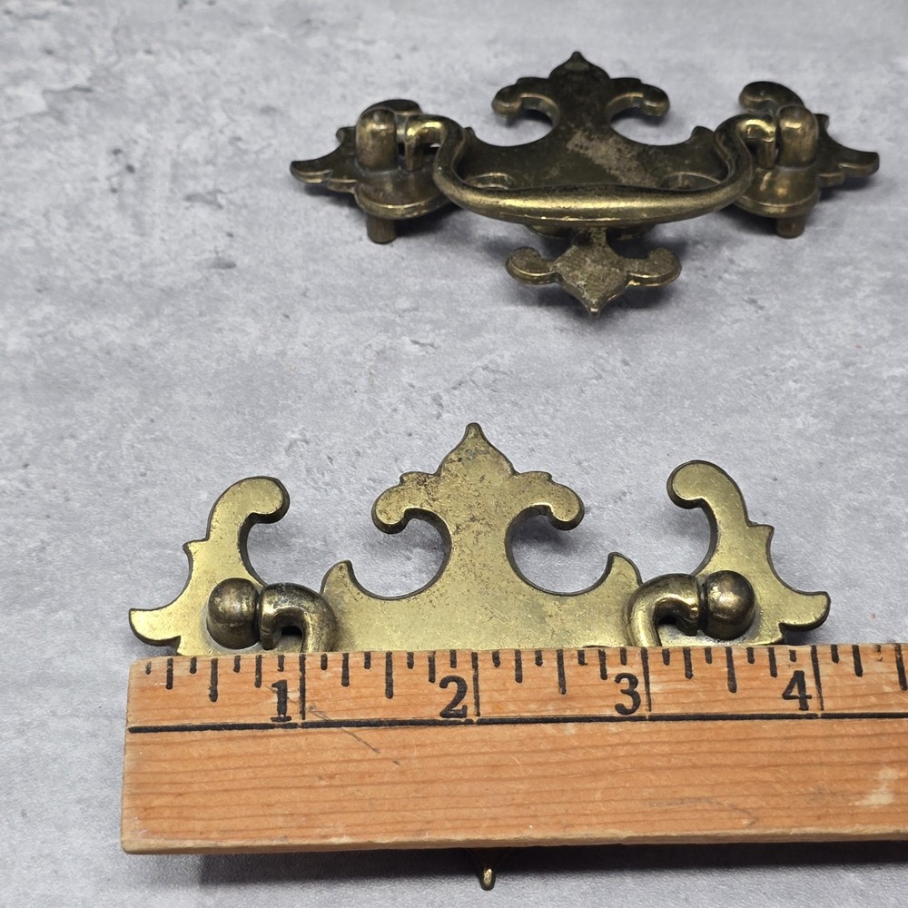 2 KBC Brass Drawer Handles Pulls Chippendale Bar Hanging Batwing (3" Centers)