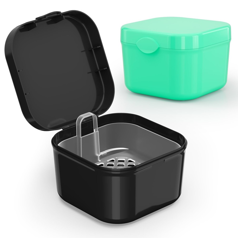 2 Pieces Denture Bath Box Case - Portable Soaking Cup with Strainer Basket - ...