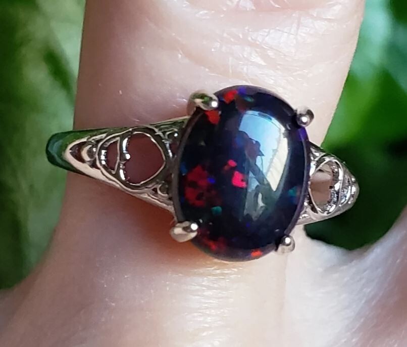 Natural Black Opal Ring Statement 925 Sterling Silver Handmade Fire Opal Rings