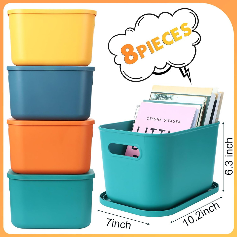 8 Pieces Colorful Storage Bins with Lid and Handle Plastic Stackable Baskets