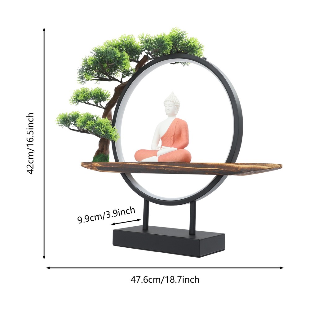 Buddha Statue Circle Lamp Tabletop LED Lighting Light with Green Artificial Tree