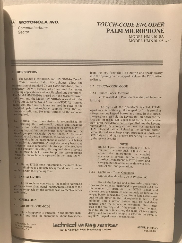 Motorola Touch-Code Encoder Palm Microphone Instruction Manual 68P81114E07-O