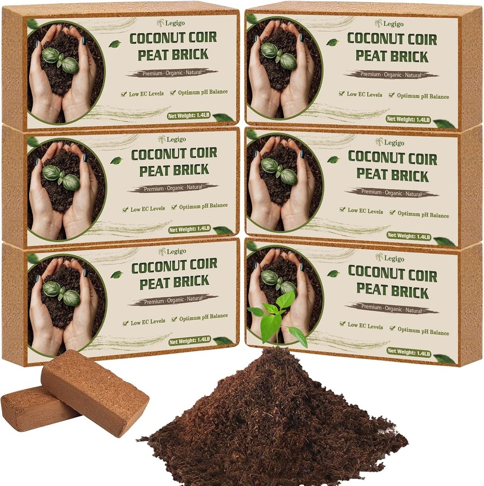 6 Pack Organic Compressed Coco Coir Bricks for Gardening and Planting