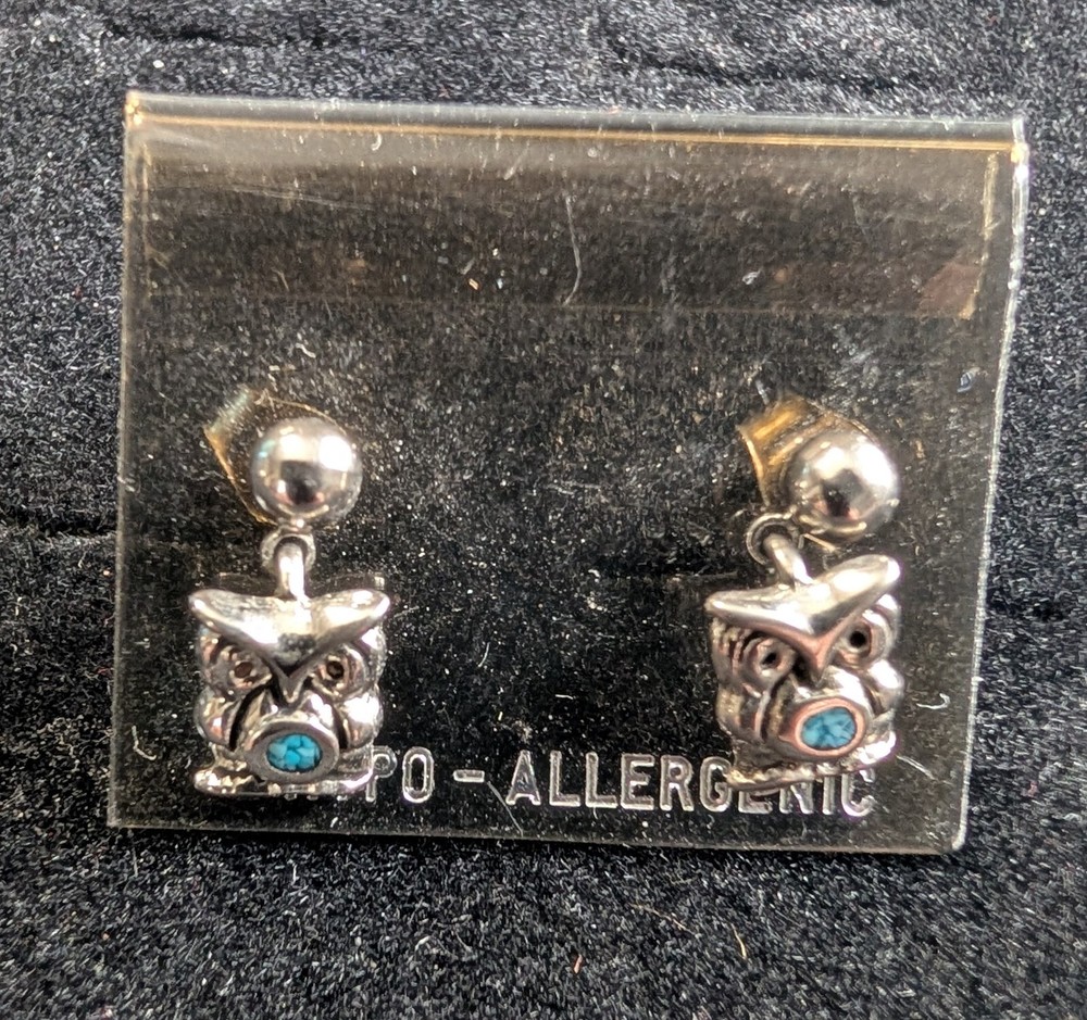 Earring Drop Post Turquoise Chip Inlay Owl Nickel Silver Post Earrings Size 1/4"