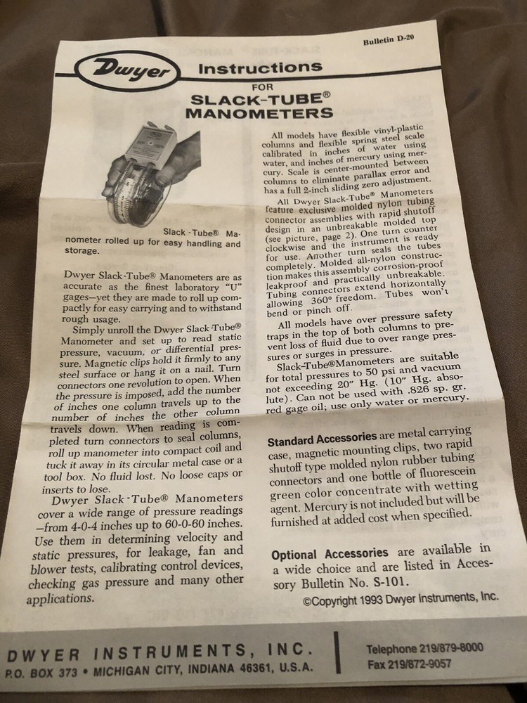 Dwyer Slack Tube Manometer
