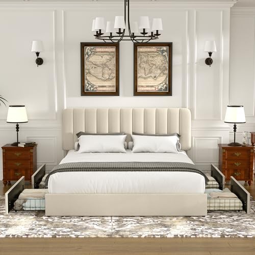 Size Upholstered Bed Frame with 4 Drawers Queen Beige Bed Frame with Drawer