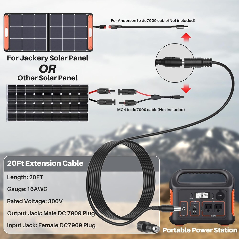 20Ft 16AWG Extension Cable for Solar Panel Adapter, Fits Most below 200W