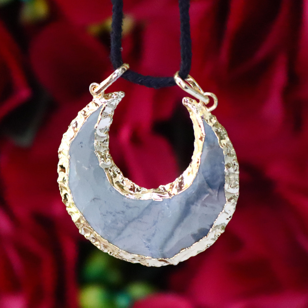Raw Moon Shaped Agate Handcrafted Gold Rim Pendant