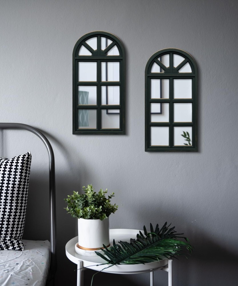 Set of 2 Arched Window Frame Wall Decor with Acrylic Mirror Rustic Decorative...