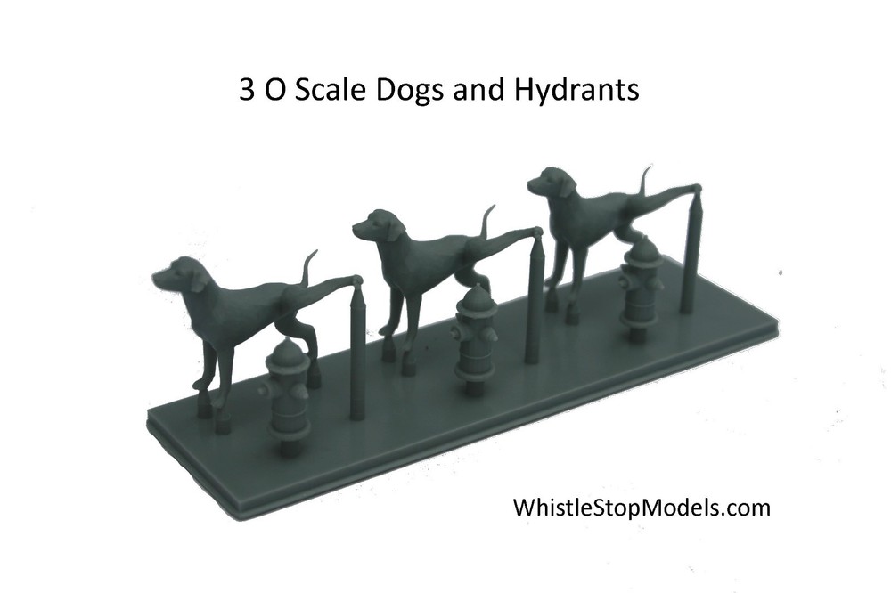 O Scale 3 Dogs and Firehydrants