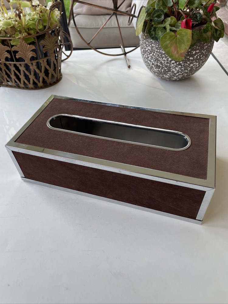 Vtg Stylebuilt Chrome Suede Tissue Box Holder Vanity 2 Pc