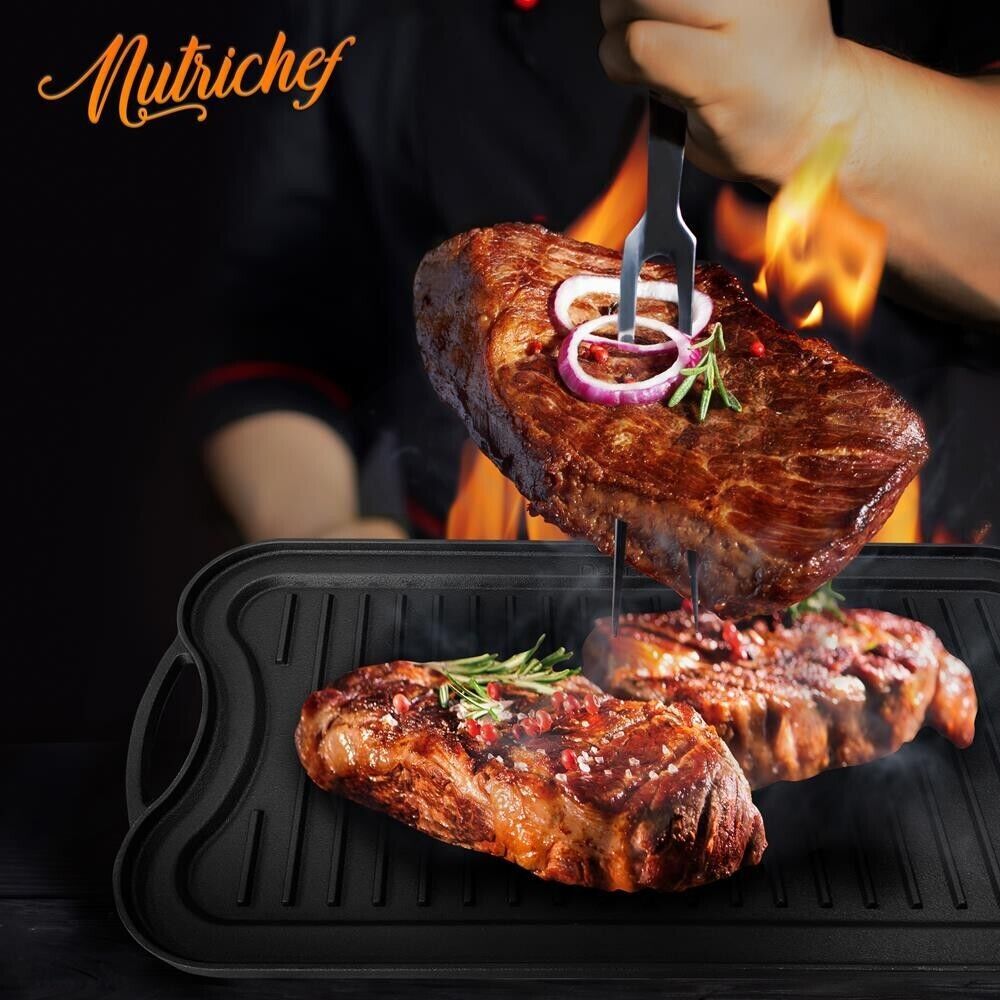 NutriChef Kitchen Plate Reversible Cast Iron Griddle, Classic Flat Grill Pan