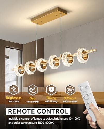 Dimmable Modern LED Chandelier with Remote Control, Crystal Dining Room 6-Light