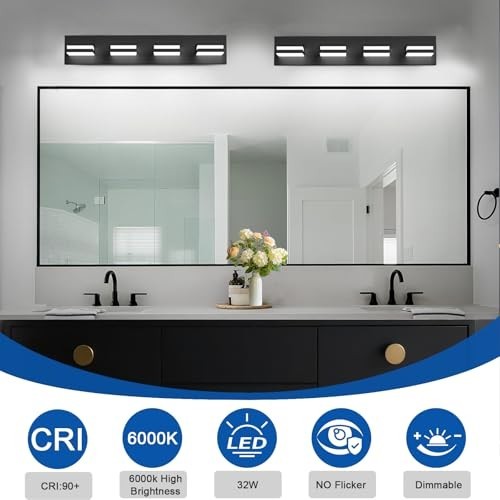 Dimmable 4-Light LED Bathroom Vanity Lights, 360° Rotatable Matte Black Wall Fix